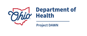 Project DAWN logo with state of Ohio outline and blue script Ohio.