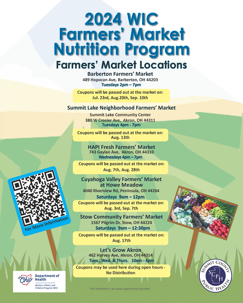 2024 WIC Famers' Market Nutrition Program list of locations dates and items. Please call 330-375-2142 to get details.
