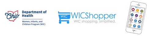 Ohio Department of Health Logo, WIC Shopper Logo, and image of a smartphone